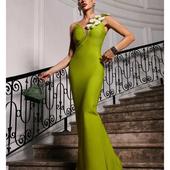Lime Green Asymmetrical One Shoulder Embellished Maxi Dress - Picture 3 of 11